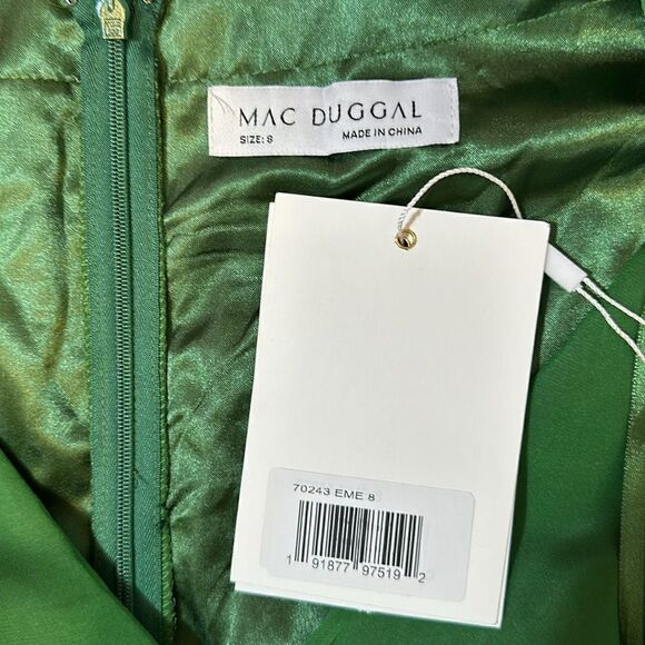 NEW Mac Duggal ruffle trimmed sleeve wrap over flowy emerald gown size 8 - Picture 11 of 14
